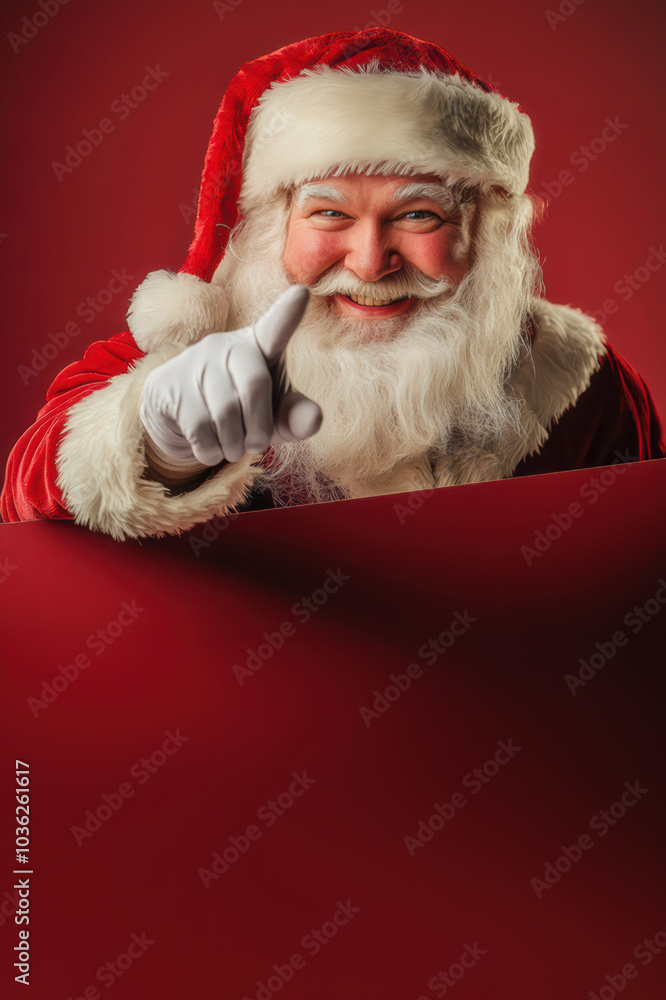 A smiling Santa Claus pointing to a red background A smiling Santa Claus pointing to a red background
