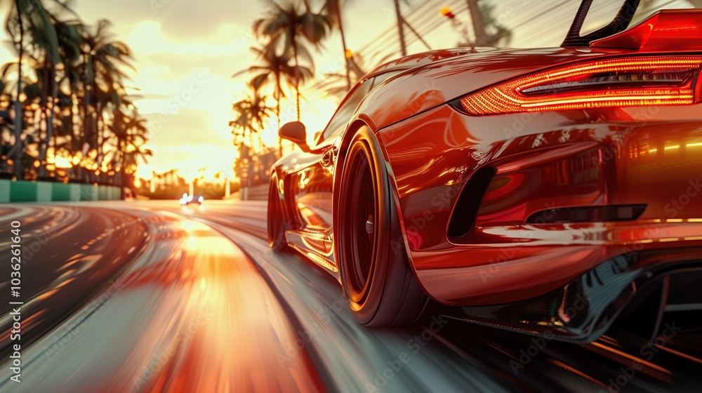 Close-up back view of a red super racing car driving on a racing circuit track with speeding motion blur. Close-up back view of a red super racing car driving on a racing circuit track with speeding motion blur.