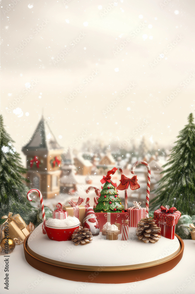 A Christmas scene with a tree, presents, and a cupcake A Christmas scene with a tree, presents, and a cupcake