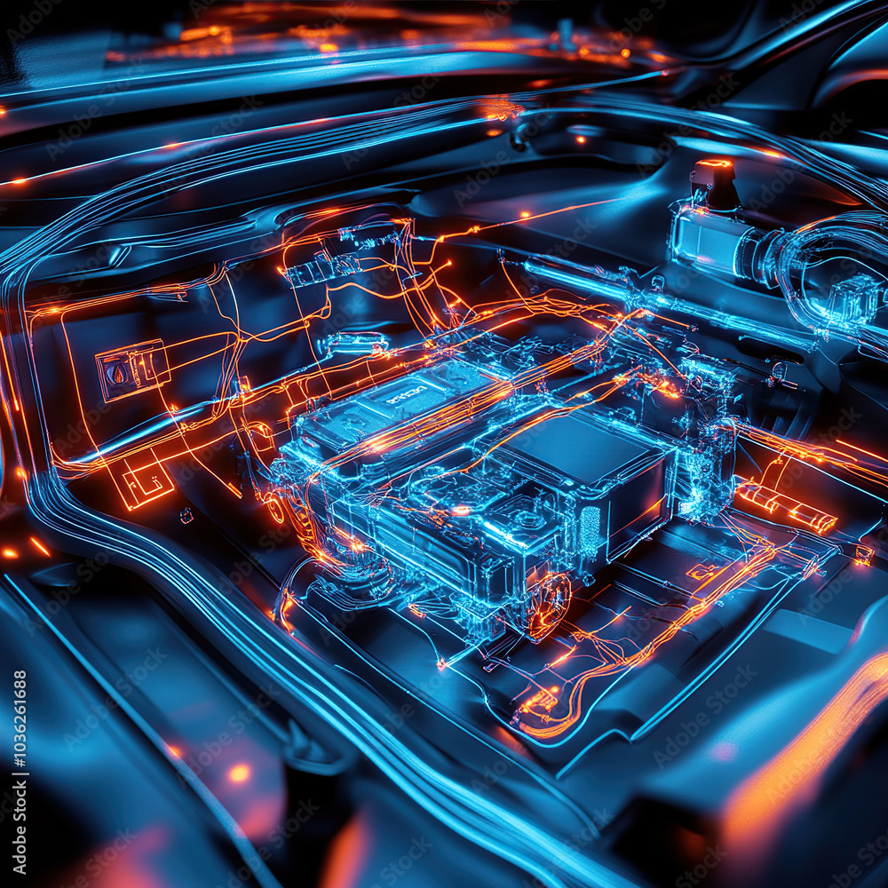 A detailed illustration of an electric vehicle's interior, showcasing the advanced technology and energy flow within its charging system A detailed illustration of an electric vehicle's interior, showcasing the advanced technology and energy flow within its charging system