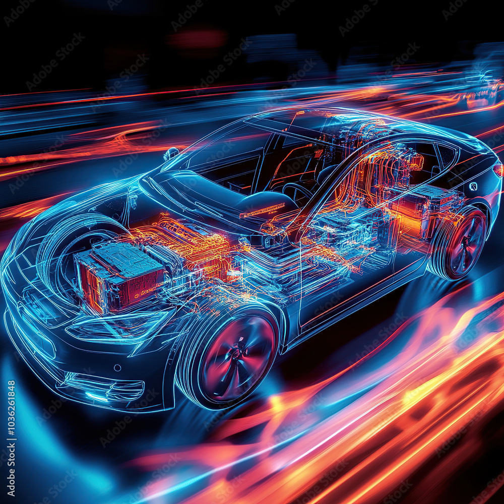 A detailed illustration of an electric vehicle's interior, showcasing the advanced technology and energy flow within its charging system A detailed illustration of an electric vehicle's interior, showcasing the advanced technology and energy flow within its charging system