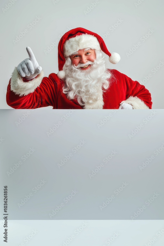 Naklejka premium A smiling Santa Claus pointing to a blank white board