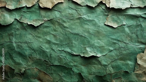 The background features a rich, textured design of layered green paper, with visible tears and creases that create depth and interest. Natural light enhances the earthy tones.