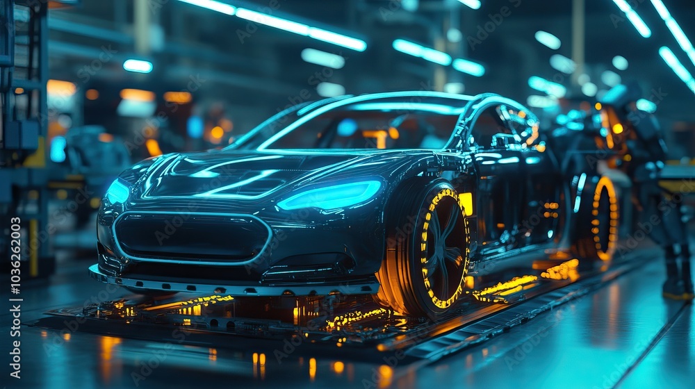 Futuristic Car Assembly Line in a Modern Factory Futuristic Car Assembly Line in a Modern Factory