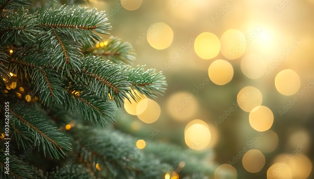 Closeup of a fir tree branch with lush emerald needles, surrounded by soft bokeh lights, creating a warm and inviting Christmas mood Closeup of a fir tree branch with lush emerald needles, surrounded by soft bokeh lights, creating a warm and inviting Christmas mood