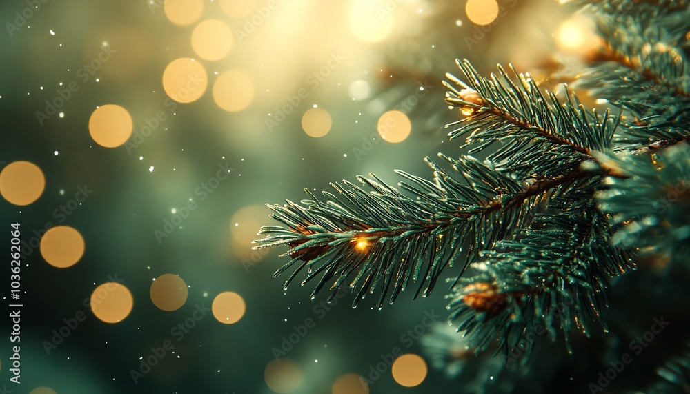 Closeup of a fir tree branch with lush emerald needles, surrounded by soft bokeh lights, creating a warm and inviting Christmas mood Closeup of a fir tree branch with lush emerald needles, surrounded by soft bokeh lights, creating a warm and inviting Christmas mood