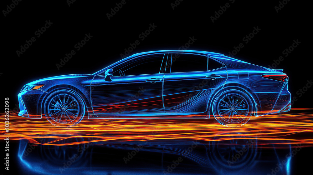 A digital artwork depicting a car, rendered in blue and orange neon light lines against a black background A digital artwork depicting a car, rendered in blue and orange neon light lines against a black background