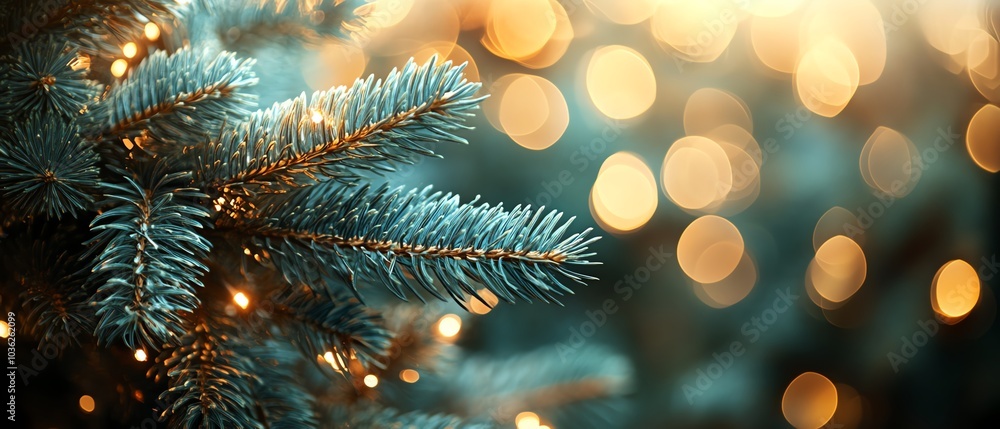 Detailed closeup of fir tree branch rich in emerald needles, illuminated by soft bokeh lights in the background, evoking holiday coziness Detailed closeup of fir tree branch rich in emerald needles, illuminated by soft bokeh lights in the background, evoking holiday coziness