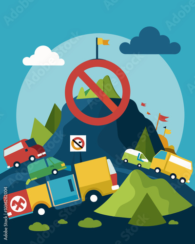 Despite the No Dumping signs that dotted the perimeter the landfill was unable to contain the neverending streams of garbage trucks resulting in a dangerous overflow of waste.. Vector illustration