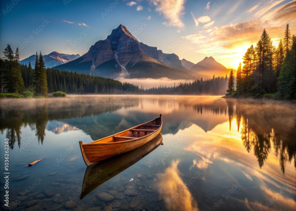 serene lake reflects majestic mountains and vibrant sunset, with wooden canoe gently floating on calm water. warm glow of setting sun enhances tranquil atmosphere serene lake reflects majestic mountains and vibrant sunset, with wooden canoe gently floating on calm water. warm glow of setting sun enhances tranquil atmosphere