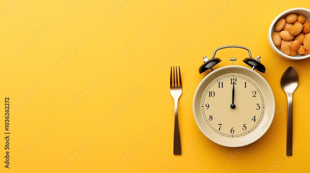 Top and flat view of putting an alarm clock on a plate with a yellow color background. With copy space to add text. Concept of setting a meal clock and diet program Top and flat view of putting an alarm clock on a plate with a yellow color background. With copy space to add text. Concept of setting a meal clock and diet program