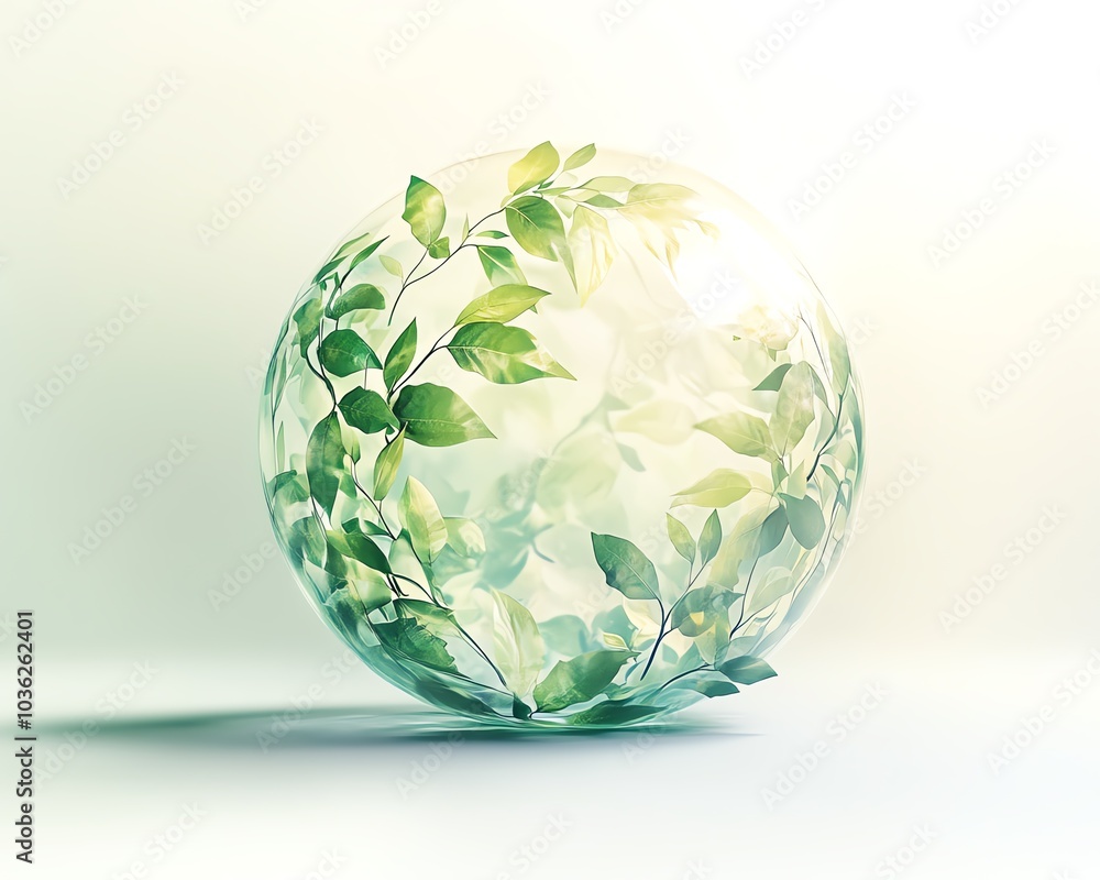 Floating ecofriendly globe icon of leaves and vines, set against a white background, with soft shadows and a gentle green luminescence Floating ecofriendly globe icon of leaves and vines, set against a white background, with soft shadows and a gentle green luminescence