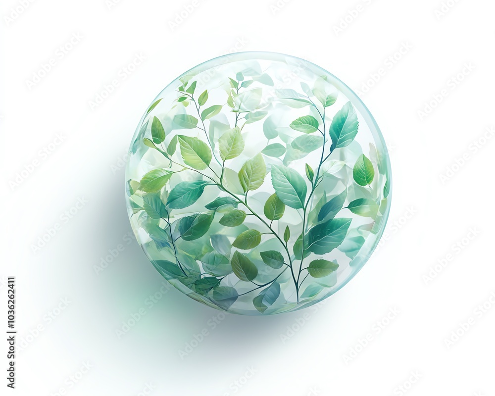 Floating ecofriendly globe icon of leaves and vines, set against a white background, with soft shadows and a gentle green luminescence Floating ecofriendly globe icon of leaves and vines, set against a white background, with soft shadows and a gentle green luminescence