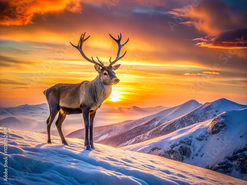 majestic reindeer stands on snowy mountain peak at sunrise, surrounded by vibrant colors in sky. serene landscape evokes sense of tranquility and wonder