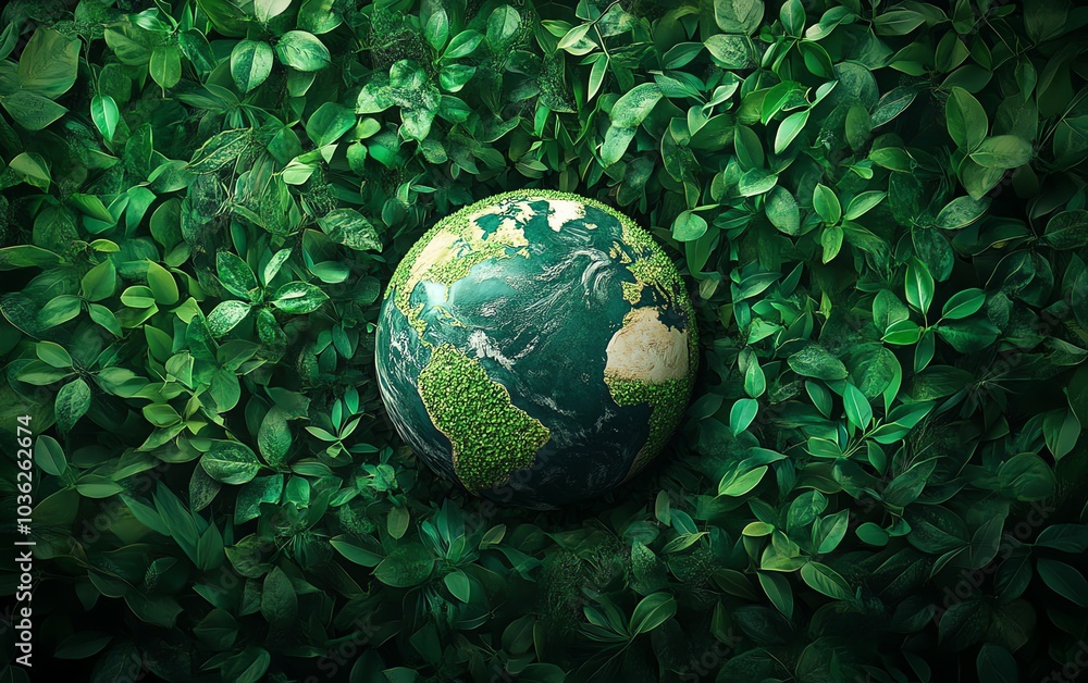 Green planet Earth with renewable energy symbols and foliage, corporate responsibility concept, ecofriendly and sustainability focus Green planet Earth with renewable energy symbols and foliage, corporate responsibility concept, ecofriendly and sustainability focus