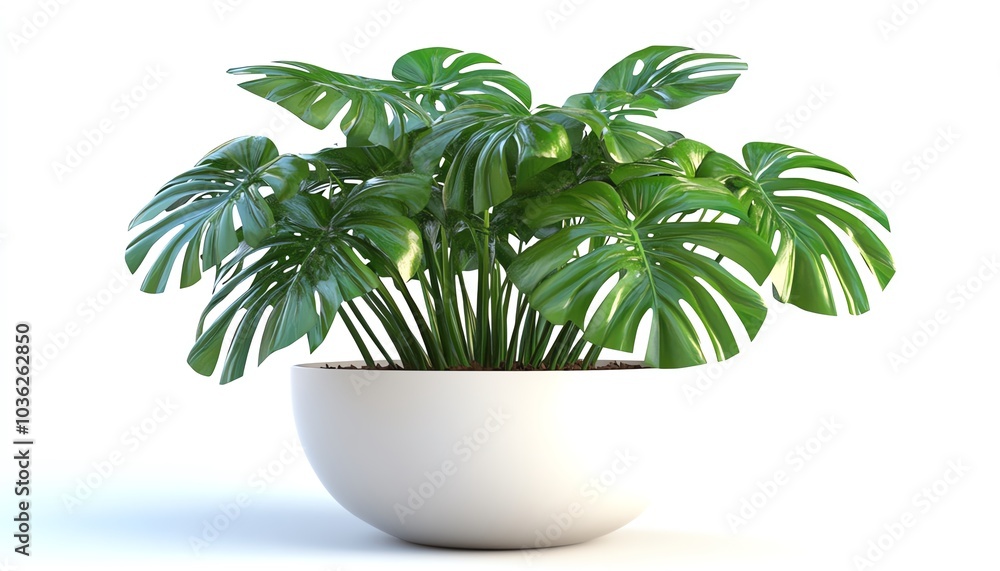 Monstera plant with large glossy leaves in a sleek minimalist planter, white background, emphasizing natural shapes and smooth textures Monstera plant with large glossy leaves in a sleek minimalist planter, white background, emphasizing natural shapes and smooth textures