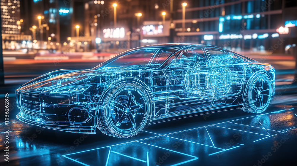 A detailed holographic rendering of an electric car, showcasing its intricate mechanical and energy systems with visible blue glowing lines A detailed holographic rendering of an electric car, showcasing its intricate mechanical and energy systems with visible blue glowing lines