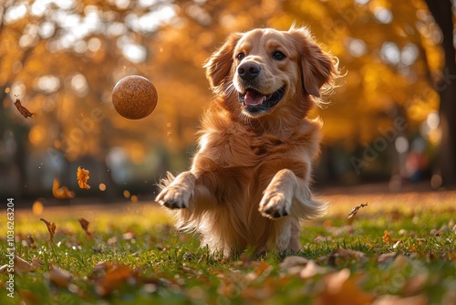 Golden Retriever Dog Jumping to Catch a Ball on Green Grass in a Park, Backlit with Hard Light from Above, Captured with Fast Shutter Speed, Professional Photography  
