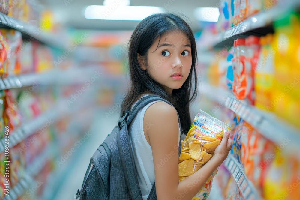 Young girl, shoplifter holding a snack bag while shopping in a grocery store, looking back
Young girl, shoplifter holding a snack bag while shopping in a grocery store, looking back