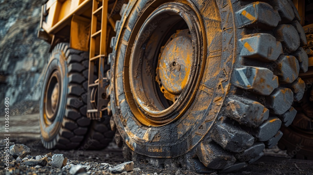 A close-up shot of a large yellow truck tire in an open-pit mining area. The photo was taken at a low angle. The background of freight transportation in the mining area. A close-up shot of a large yellow truck tire in an open-pit mining area. The photo was taken at a low angle. The background of freight transportation in the mining area.