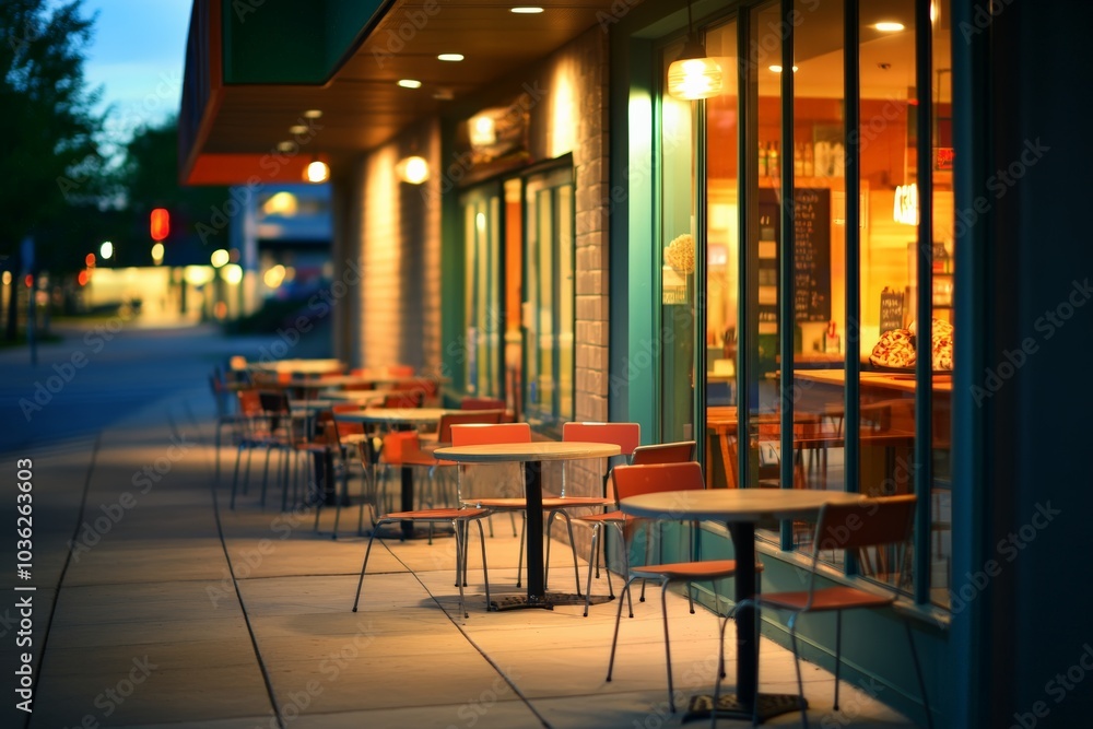 Outdoor dining area of a restaurant in the evening, with warm lights
Outdoor dining area of a restaurant in the evening, with warm lights