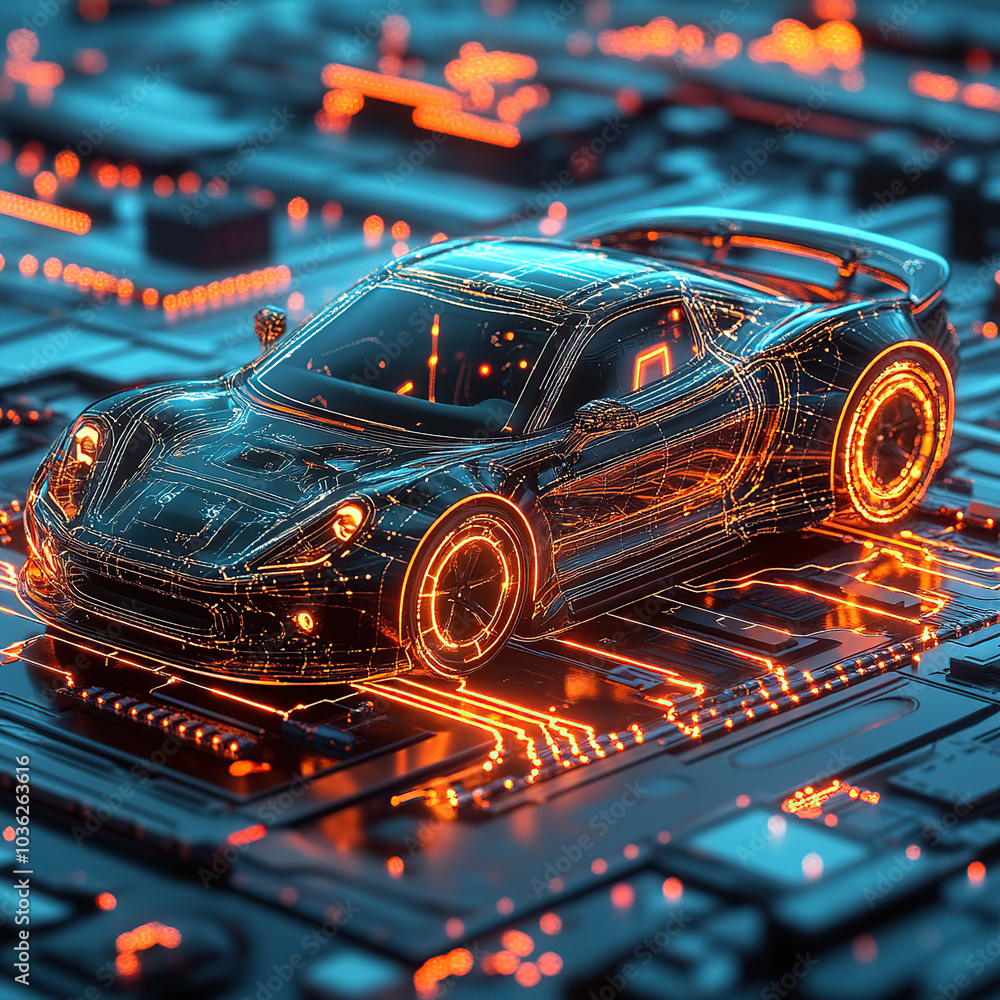 A car with an industrial blueprint is shown in a blue wireframe hologram style on the background of digital technology and circuit board A car with an industrial blueprint is shown in a blue wireframe hologram style on the background of digital technology and circuit board