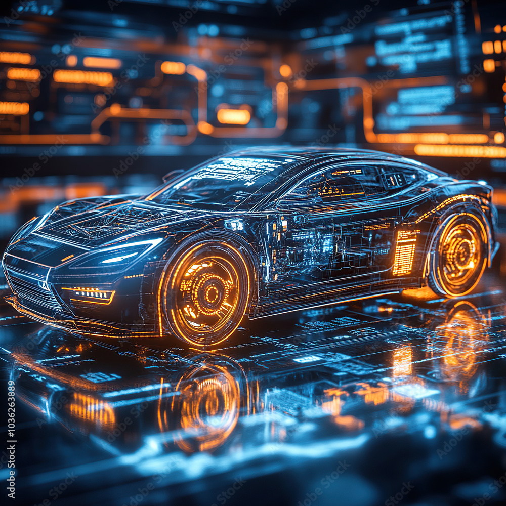A futuristic car with glowing lines and holographic displays, surrounded by digital screens displaying various electric vehicle data A futuristic car with glowing lines and holographic displays, surrounded by digital screens displaying various electric vehicle data