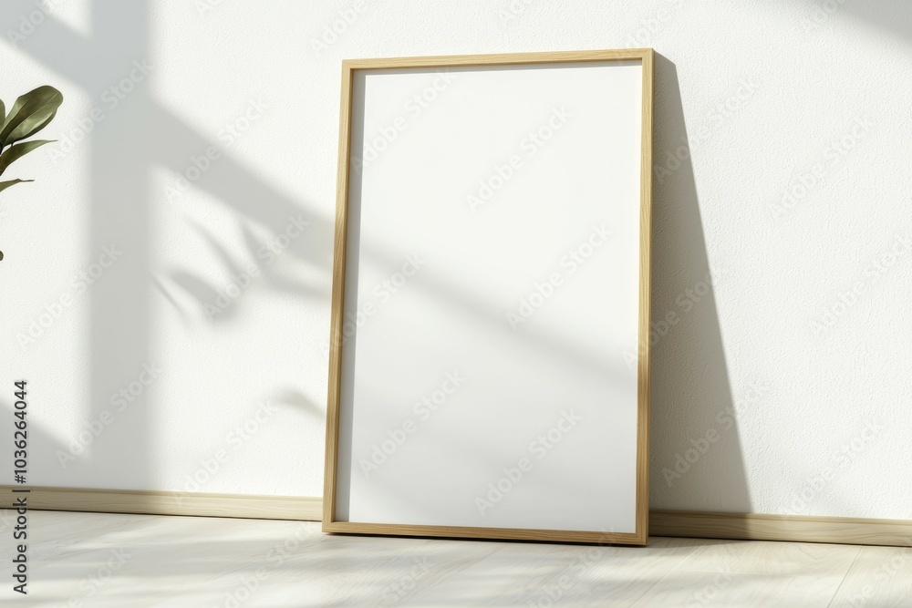 Minimalist empty frame leaning against a wall in a bright, sunlit room with subtle shadows and soft lighting Minimalist empty frame leaning against a wall in a bright, sunlit room with subtle shadows and soft lighting