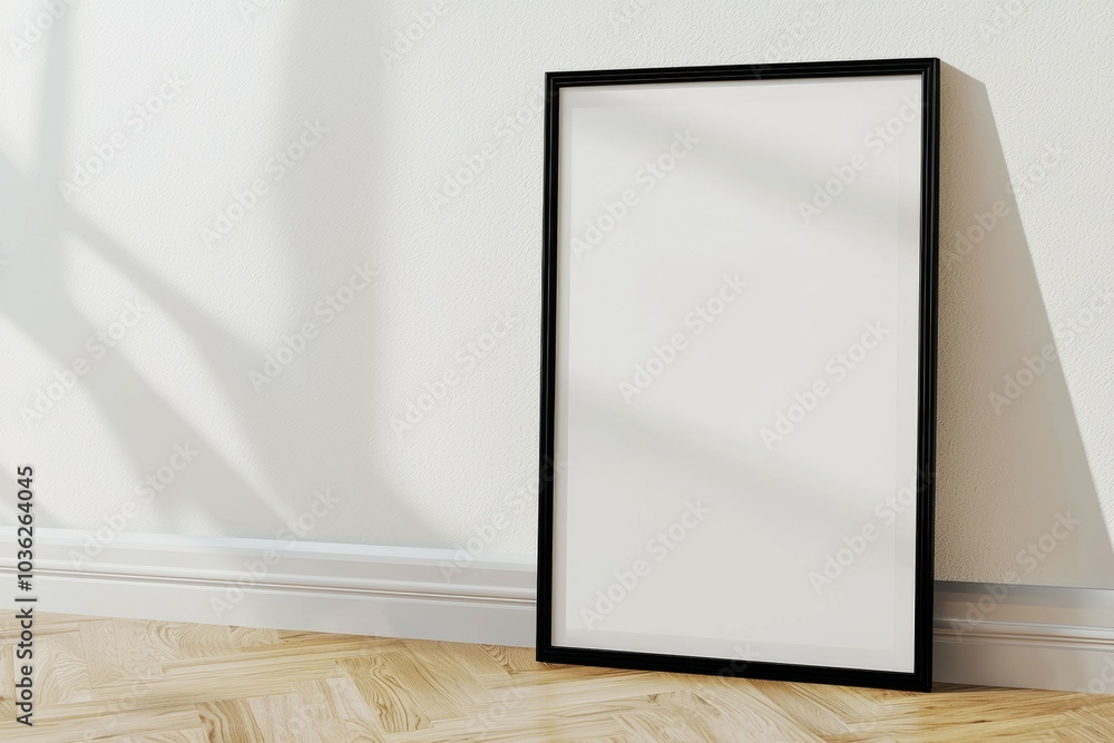 Blank black frame leaning against a wall in a bright room with sunlight streaming through the window Blank black frame leaning against a wall in a bright room with sunlight streaming through the window
