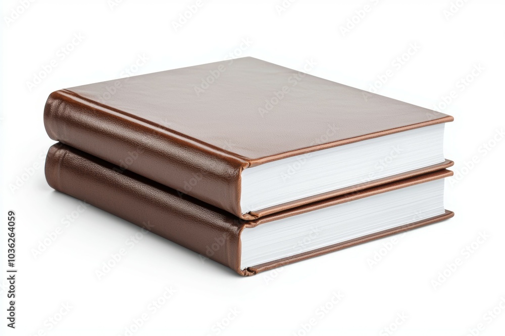 Two stacked leather-bound books with blank pages on a white background for reading or writing purposes Two stacked leather-bound books with blank pages on a white background for reading or writing purposes