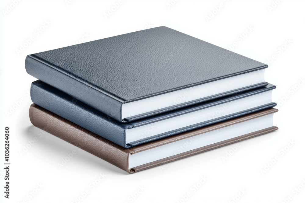 Set of three stacked hardcover books with textured covers in different shades displayed on a white background Set of three stacked hardcover books with textured covers in different shades displayed on a white background