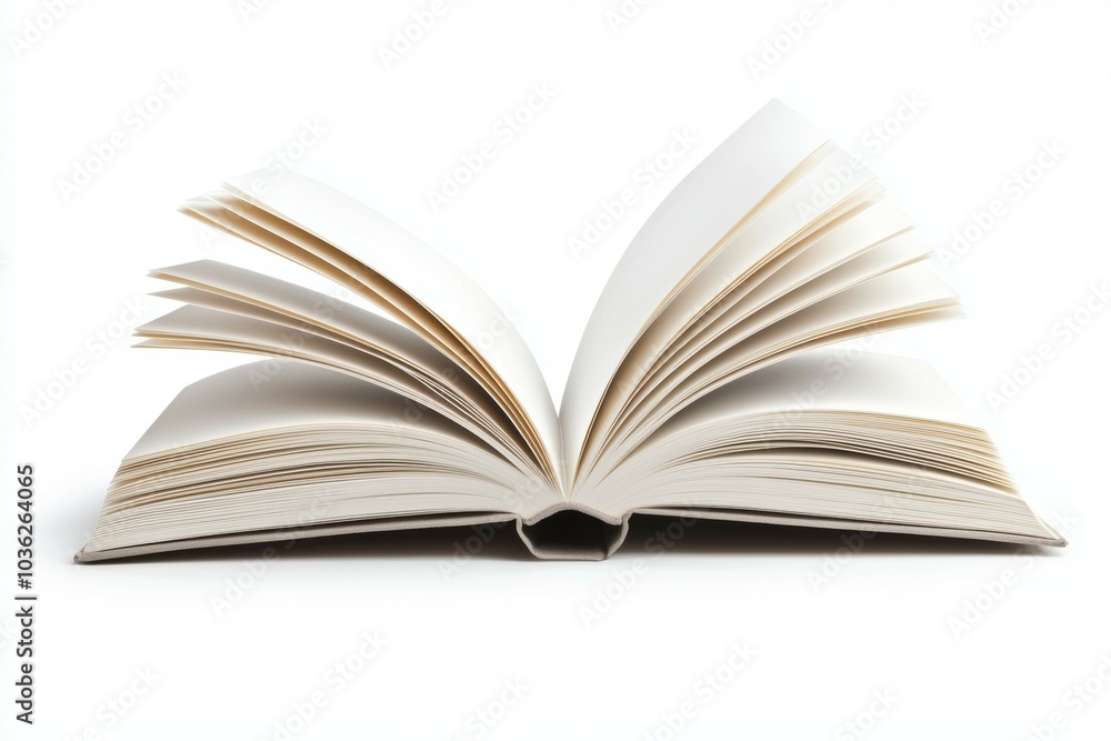 An open blank book with fanned pages, ready for writing or drawing, captured on a clean white background An open blank book with fanned pages, ready for writing or drawing, captured on a clean white background