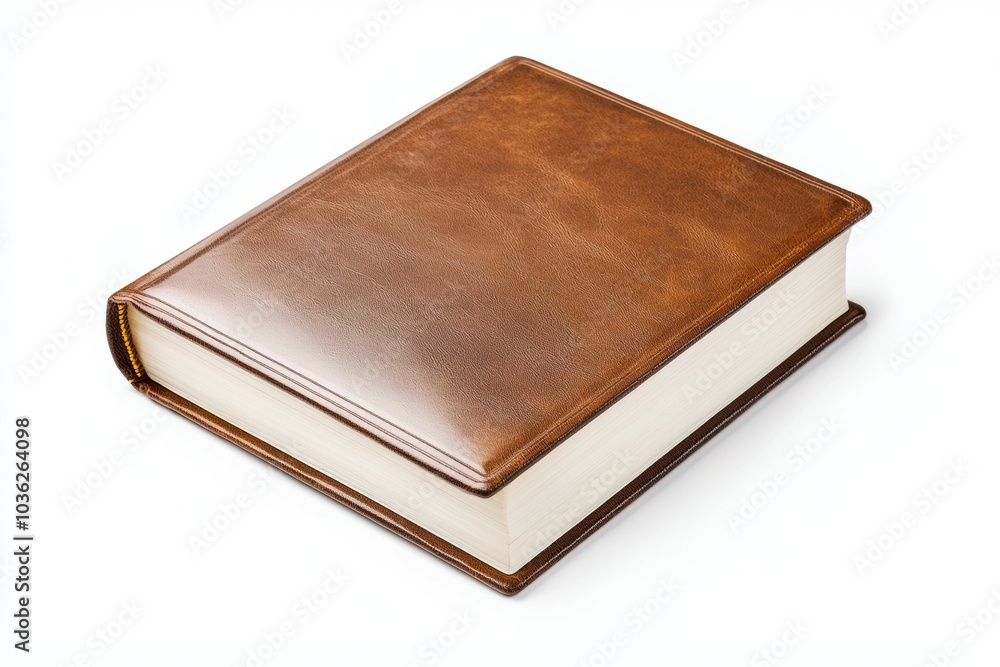Elegant brown leather-bound book resting on a white surface with visible textured cover and clean pages Elegant brown leather-bound book resting on a white surface with visible textured cover and clean pages