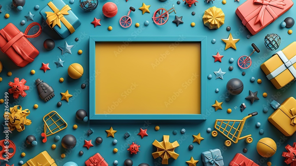 A blue frame with yellow background surrounded by various colorful 3D objects like gifts, stars, balls, and shopping carts on a teal background. A blue frame with yellow background surrounded by various colorful 3D objects like gifts, stars, balls, and shopping carts on a teal background.