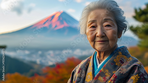 赤富士と共にたたずむ高齢女性 photo