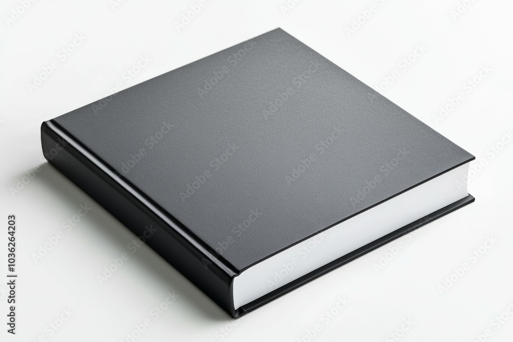 A simple black hardcover book placed on a white surface in a well-lit setting A simple black hardcover book placed on a white surface in a well-lit setting