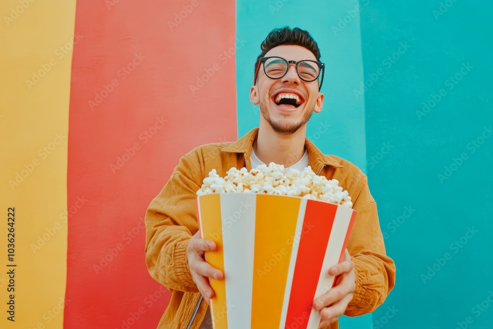 Happy young man holding a bucket of popcorn, standing against a colorful background
Happy young man holding a bucket of popcorn, standing against a colorful background