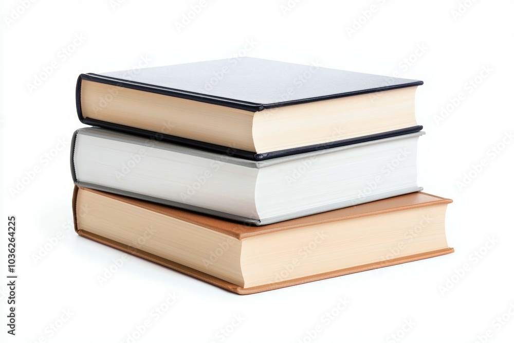 Stack of three blank hardcover books in various colors on a white background for design and creative purposes Stack of three blank hardcover books in various colors on a white background for design and creative purposes