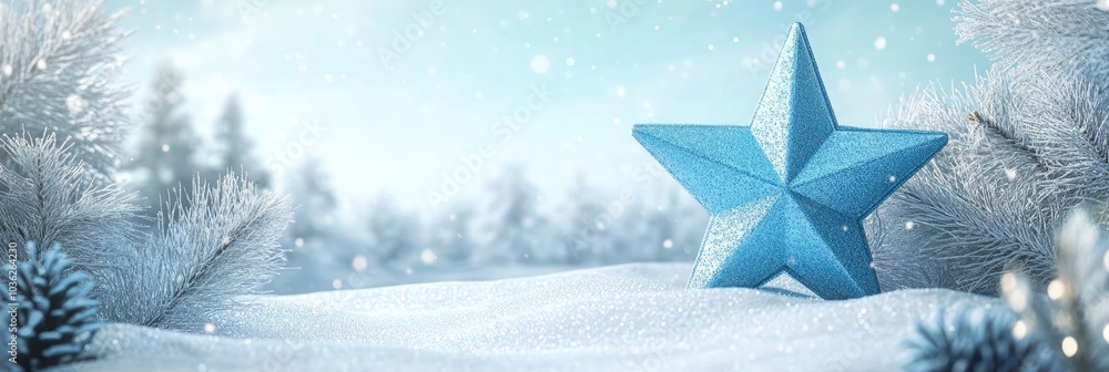 Winter decoration with a blue star and snowflakes on a snowy landscape background , ai Winter decoration with a blue star and snowflakes on a snowy landscape background , ai