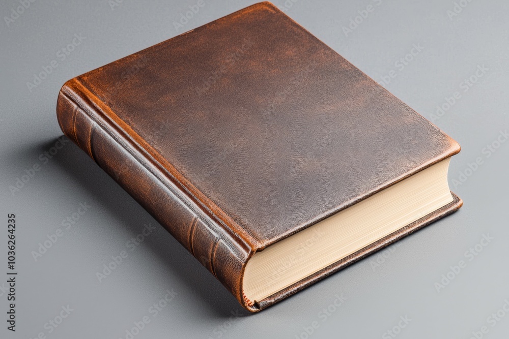 Elegant brown leather-bound book resting on a neutral background, showcasing its vintage design and craftsmanship Elegant brown leather-bound book resting on a neutral background, showcasing its vintage design and craftsmanship