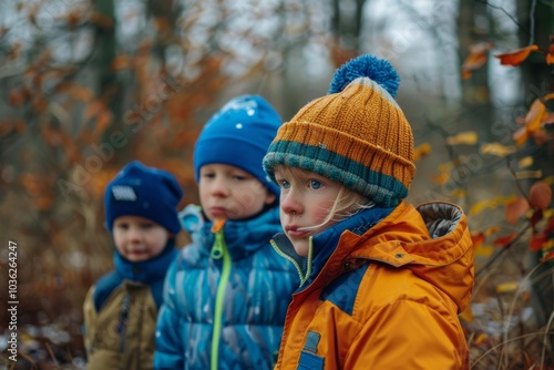 Three cute little kids boys and girls in warm winter clothes walking in the autumn forest