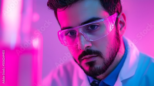 Innovative scientist conducting experiments in a high-tech laboratory with a futuristic aesthetic and vibrant colors