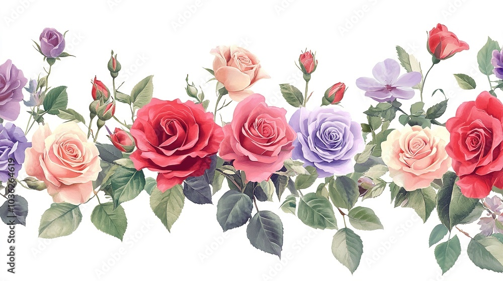 bouquet of roses, spring flowers. Horizontal border, red, light purple, pink flowers, buds, green leaves on a white background. rotating style bouquet of roses, spring flowers. Horizontal border, red, light purple, pink flowers, buds, green leaves on a white background. rotating style