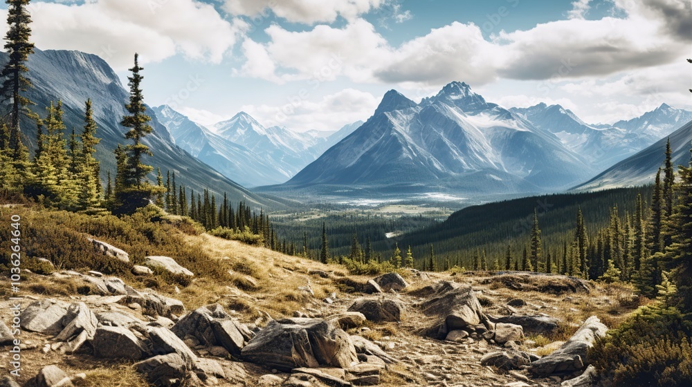 A panoramic view of a majestic mountain range with a valley in the foreground, under a partly cloudy sky. A panoramic view of a majestic mountain range with a valley in the foreground, under a partly cloudy sky.