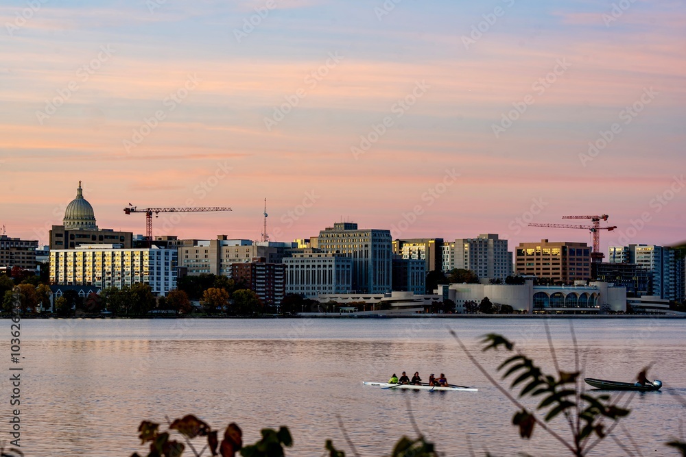 Downtown Madison and the Wisconsin State Capitol Building behind Lake Monona at Twilight
