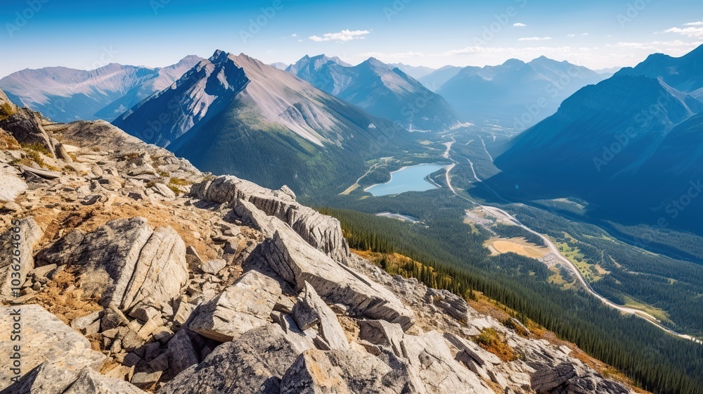 A panoramic view of a valley from the top of a mountain, with a winding road and a blue lake. A panoramic view of a valley from the top of a mountain, with a winding road and a blue lake.