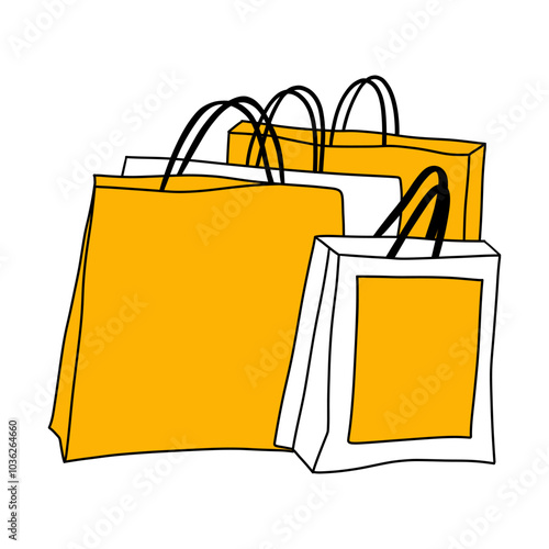 Shopping bags. Hand drawn four paper shopping bags. Hand drawing cartoon flat vector illustration isolated on transparent background 