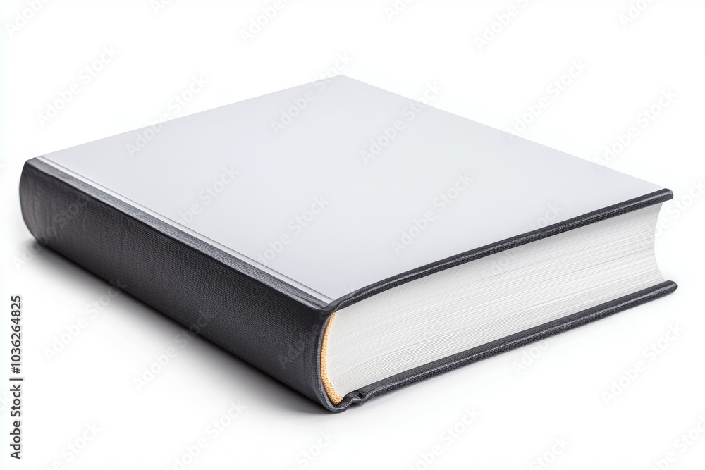 A blank hardcover book with a black leather cover resting on a white background in a well-lit environment A blank hardcover book with a black leather cover resting on a white background in a well-lit environment