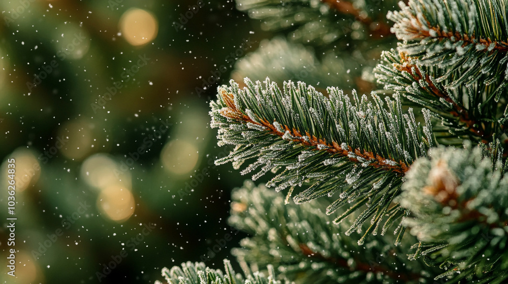 Frosty Pine Branch with Sparkling Snowfall Background Frosty Pine Branch with Sparkling Snowfall Background