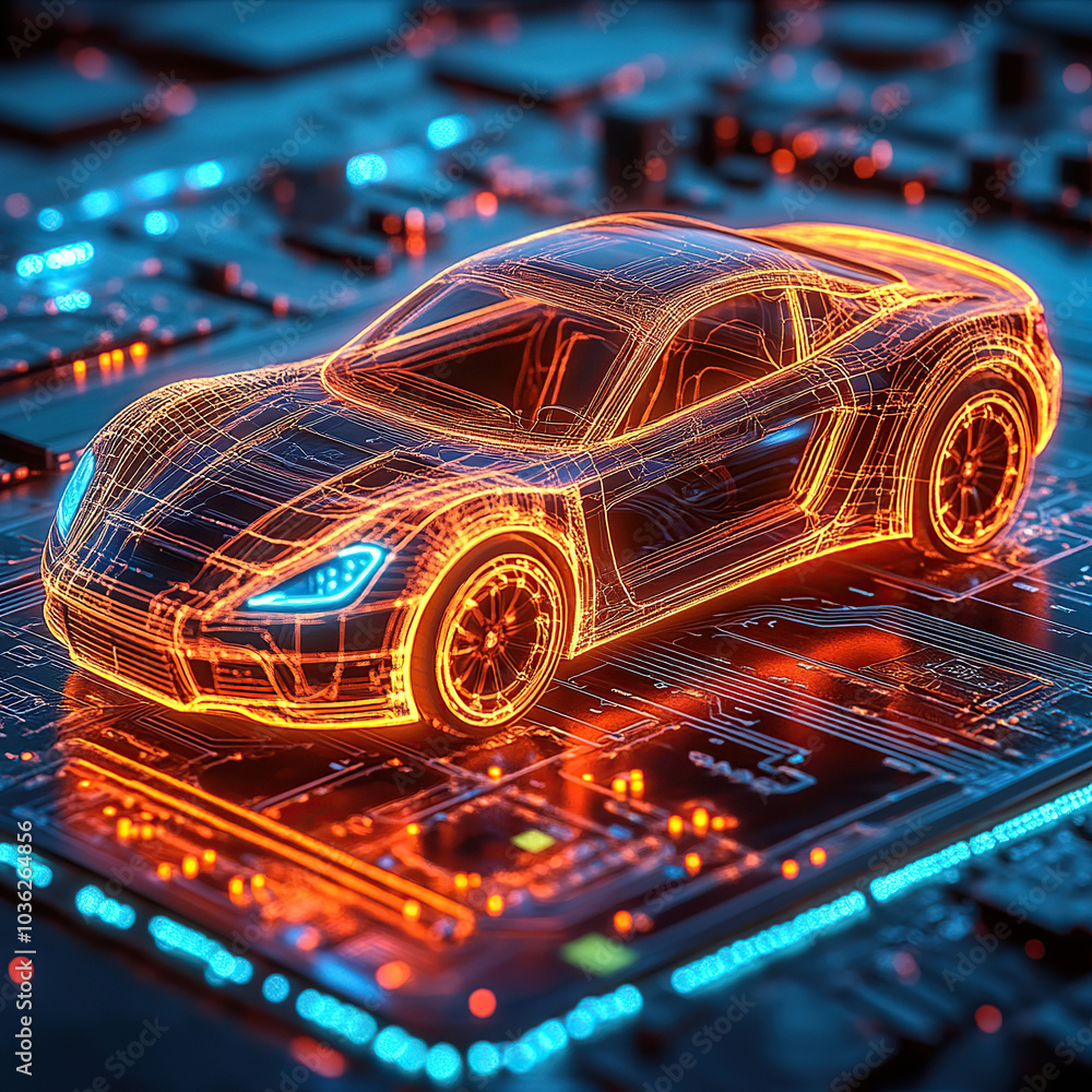A car with an industrial blueprint is shown in a blue wireframe hologram style on the background of digital technology and circuit board A car with an industrial blueprint is shown in a blue wireframe hologram style on the background of digital technology and circuit board